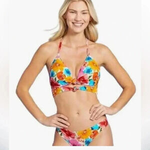 Shade & Shore  Lightly Lined Longline Double Knot-Front Bikini Top Floral size M